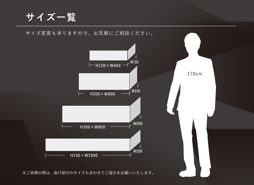 コーナーサイン LED付のL字看板 サイズ一覧